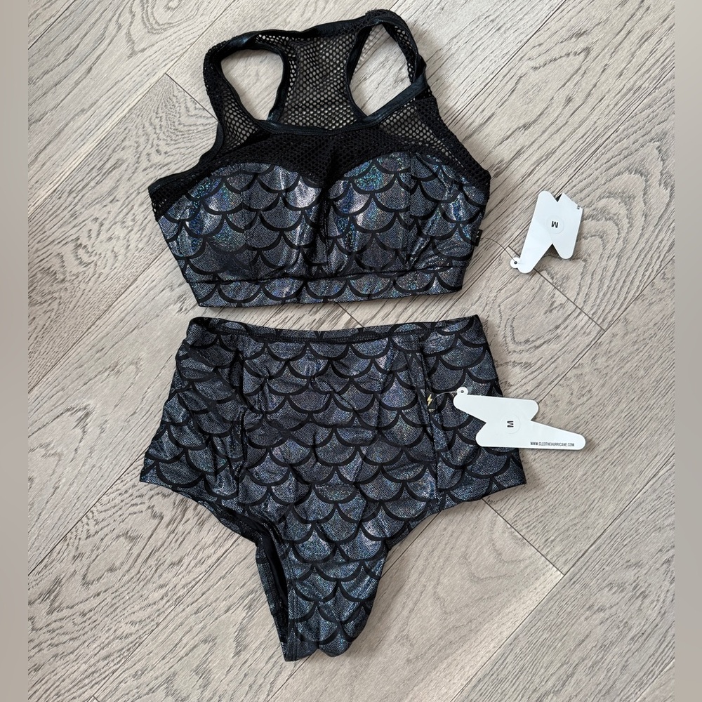 Brand new black, mermaid metallic sports bra, and bottoms set